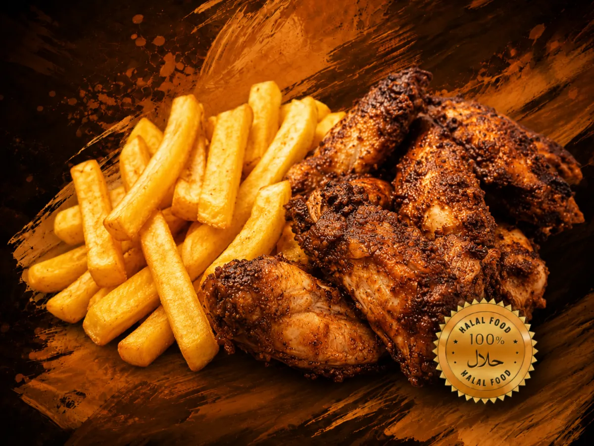 Alitas de pollo halal con patatas fritas