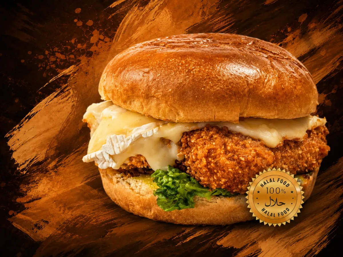 Hamburguesa halal con queso, lechuga y tomate